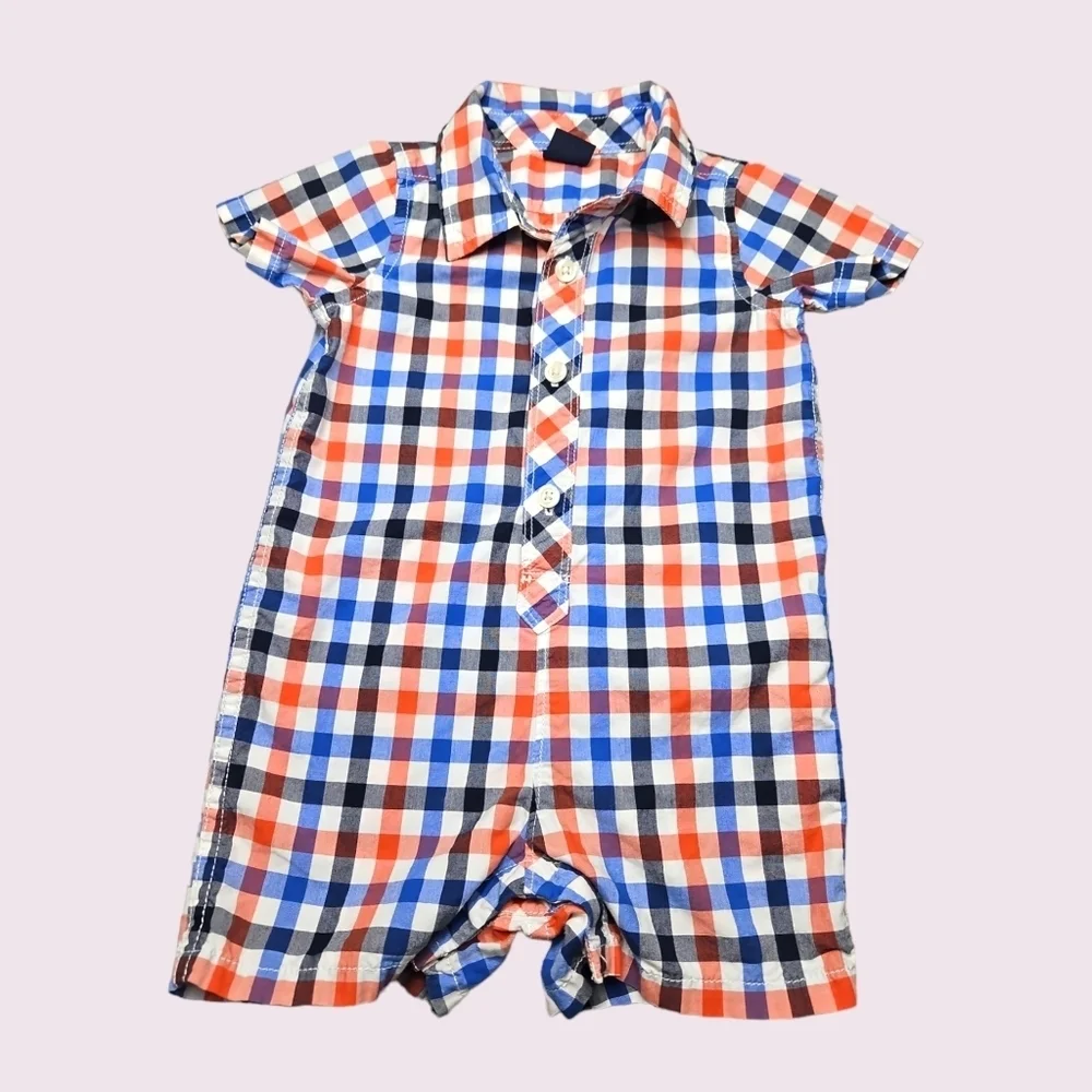 GAP Baby Boy Blue Orange Plaid Romper Shorts Size 6-12 Months